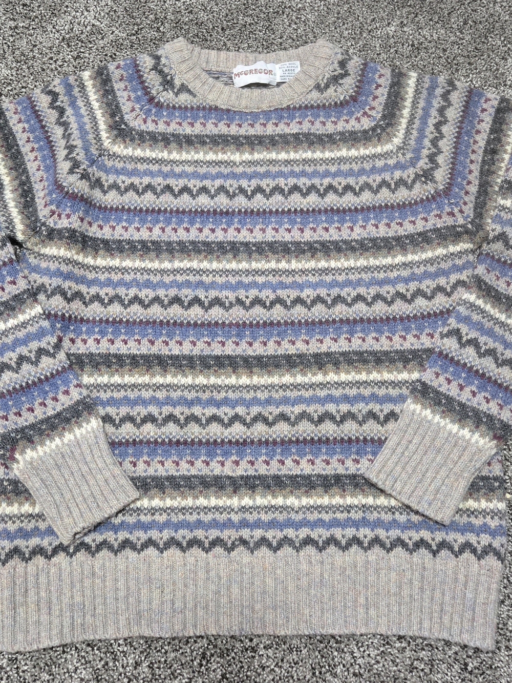 McGregor Men's Crewneck Fair Isle Sweater in Gray, Blue and Cream